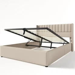 Lit capitonné,160 x 200 cm, avec sommier à lattes hydraulique, avec espace de rangement,beige><noscript><img width=