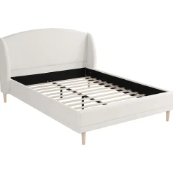 ModernLuxe Lit capitonné 140x190 cm - Tête de lit à oreilles - Pieds en bois d'hévéa - Sommier à lattes - Tissu bouclé - Blanc(sans matelas)* Lit Double