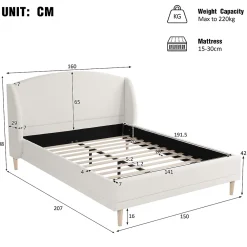 ModernLuxe Lit capitonné 140x190 cm - Tête de lit à oreilles - Pieds en bois d'hévéa - Sommier à lattes - Tissu bouclé - Blanc(sans matelas)* Lit Double