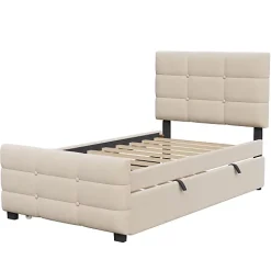 ModernLuxe Lit capitonné 90x190cm - lit gigogne - velours - beige (matelas non inclus)* Lit Gigogne