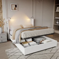 Lit capitonné 140x200cm avec une lampe de lecture , Lit Coffre avec Espace de Rangement, Sommier à Lattes, velours côtelé, Beige>ProximaX Discount