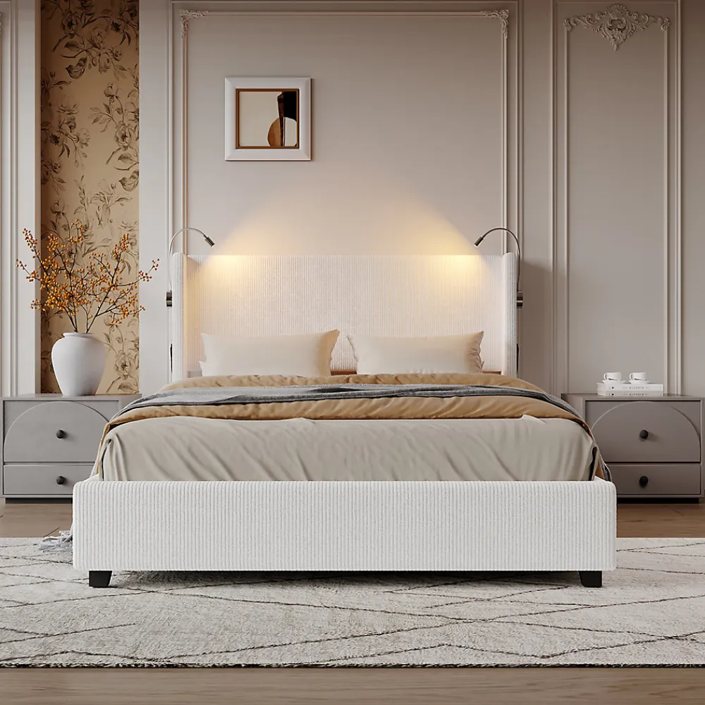 Lit capitonné 140x200cm avec une lampe de lecture , Lit Coffre avec Espace de Rangement, Sommier à Lattes, velours côtelé, Beige>ProximaX Discount