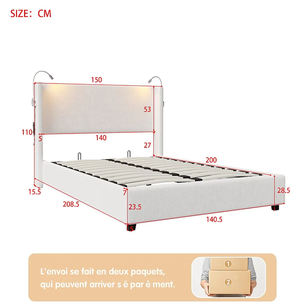 Lit capitonné 140x200cm avec une lampe de lecture , Lit Coffre avec Espace de Rangement, Sommier à Lattes, velours côtelé, Beige>ProximaX Discount