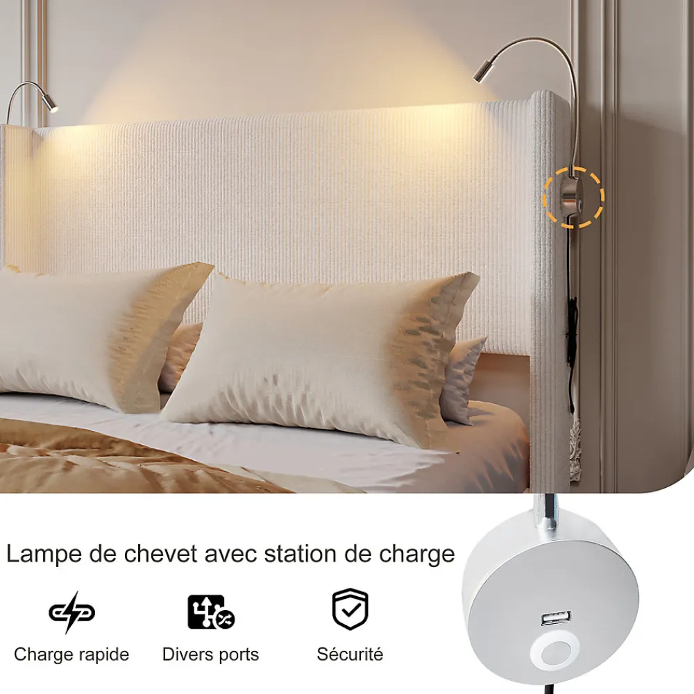 Lit capitonné 140x200cm avec une lampe de lecture , Lit Coffre avec Espace de Rangement, Sommier à Lattes, velours côtelé, Beige>ProximaX Discount