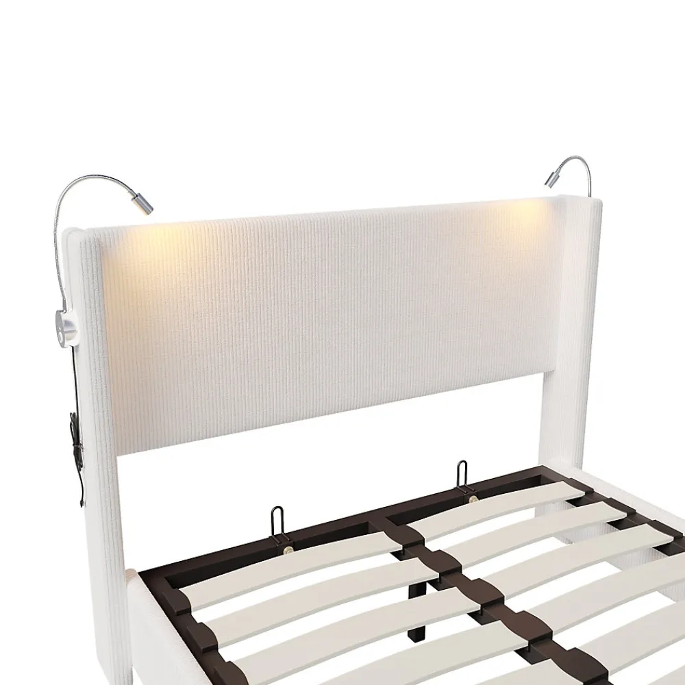 Lit capitonné 140x200cm avec une lampe de lecture , Lit Coffre avec Espace de Rangement, Sommier à Lattes, velours côtelé, Beige>ProximaX Discount