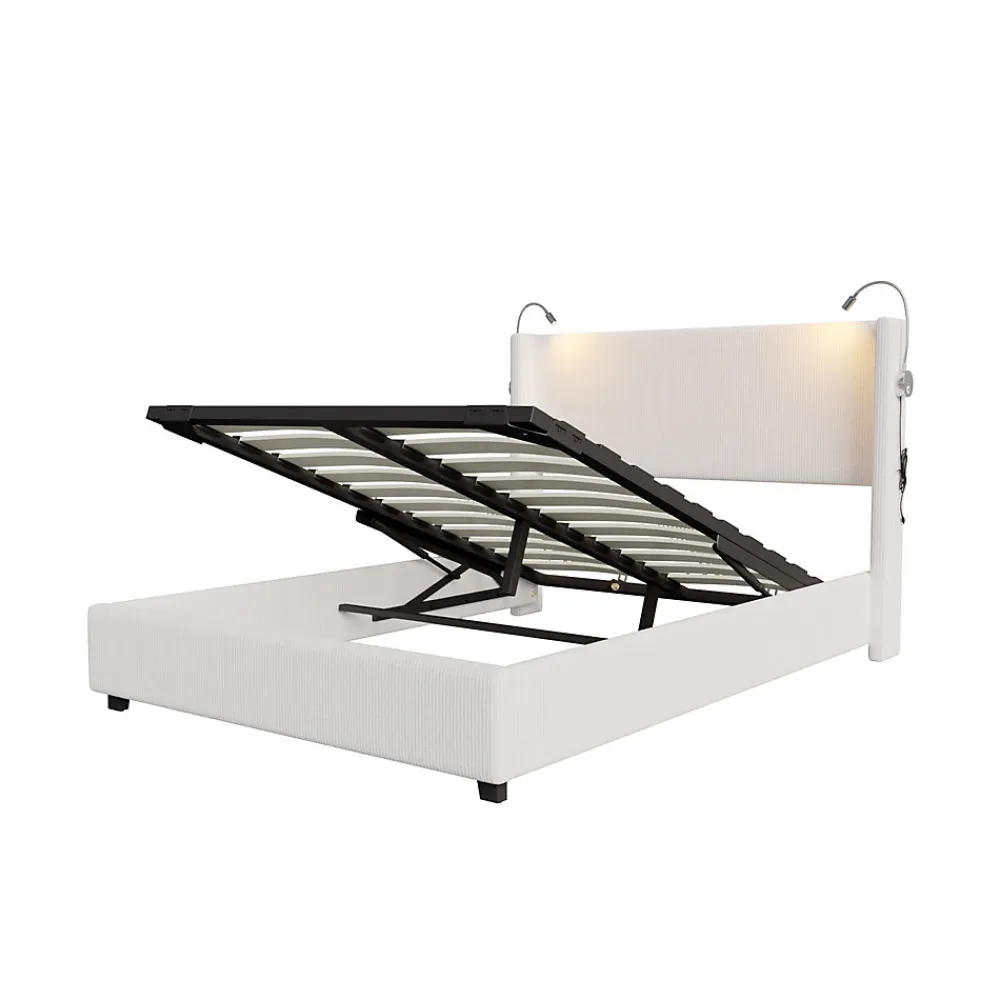 Lit capitonné 140x200cm avec une lampe de lecture , Lit Coffre avec Espace de Rangement, Sommier à Lattes, velours côtelé, Beige>ProximaX Discount