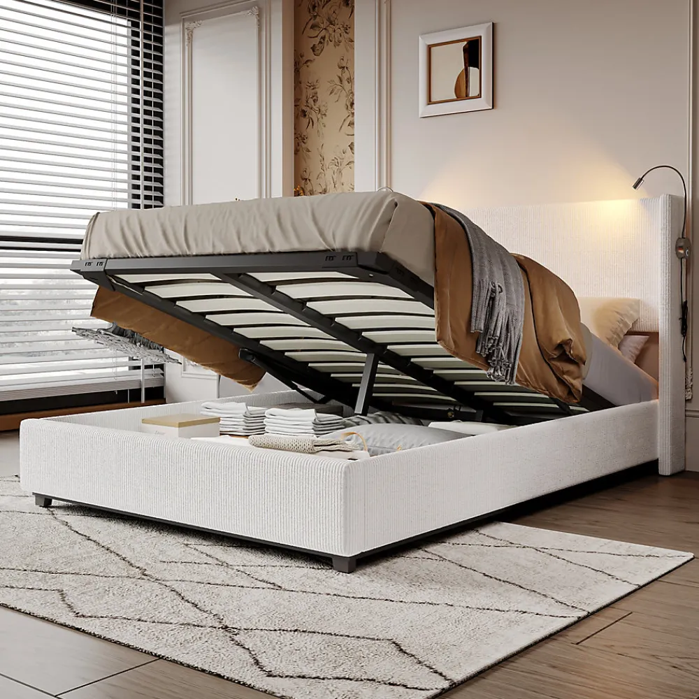 Lit capitonné 140x200cm avec une lampe de lecture , Lit Coffre avec Espace de Rangement, Sommier à Lattes, velours côtelé, Beige>ProximaX Discount