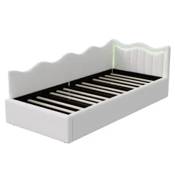 Fortuna lai Lit Capitonné 90x200cm, Canapé-lit Coffre Avec Éclairage LED Et Sommier à Lattes, Velours,blanc* Sommier