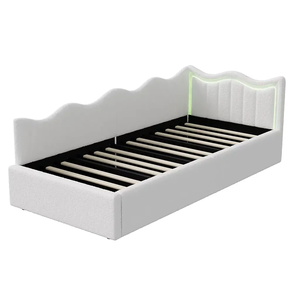 Fortuna lai Lit Capitonné 90x200cm, Canapé-lit Coffre Avec Éclairage LED Et Sommier à Lattes, Velours,blanc* Sommier