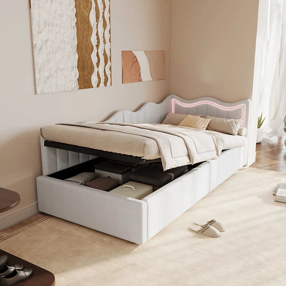 Fortuna lai Lit Capitonné 90x200cm, Canapé-lit Coffre Avec Éclairage LED Et Sommier à Lattes, Velours,blanc* Sommier
