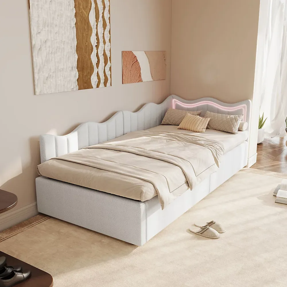 Fortuna lai Lit Capitonné 90x200cm, Canapé-lit Coffre Avec Éclairage LED Et Sommier à Lattes, Velours,blanc* Sommier