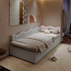 Fortuna lai Lit Capitonné 90x200cm, Canapé-lit Coffre Avec Éclairage LED Et Sommier à Lattes, Velours,blanc* Sommier