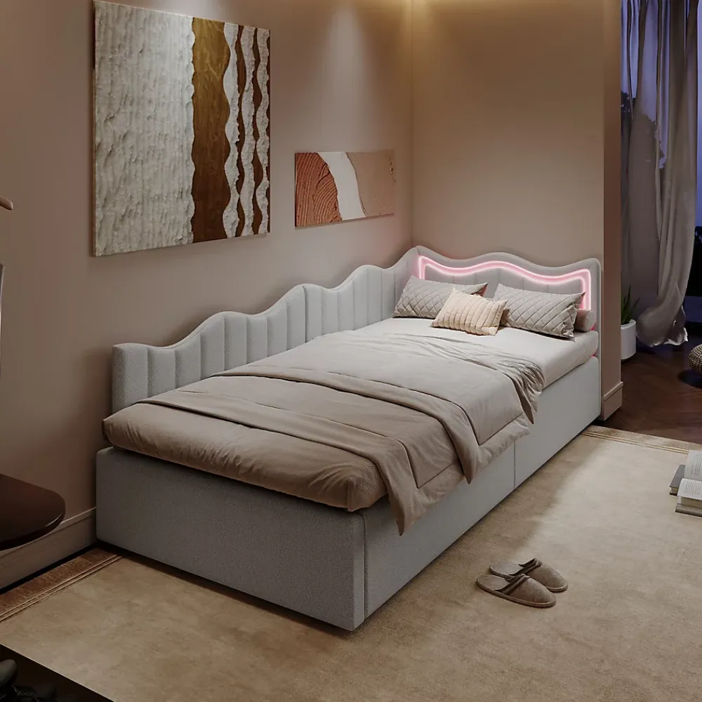 Fortuna lai Lit Capitonné 90x200cm, Canapé-lit Coffre Avec Éclairage LED Et Sommier à Lattes, Velours,blanc* Sommier