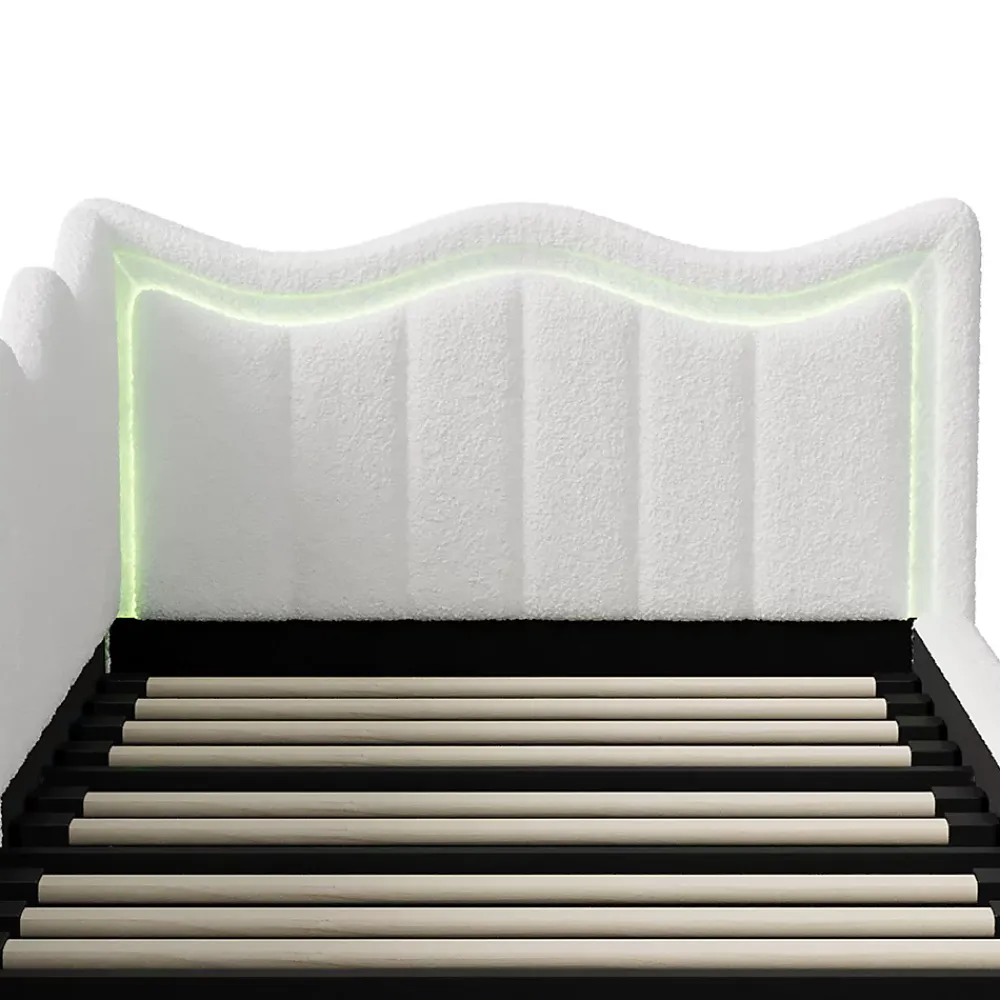 Fortuna lai Lit Capitonné 90x200cm, Canapé-lit Coffre Avec Éclairage LED Et Sommier à Lattes, Velours,blanc* Sommier