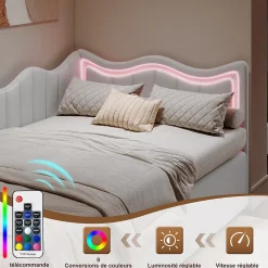 Fortuna lai Lit Capitonné 90x200cm, Canapé-lit Coffre Avec Éclairage LED Et Sommier à Lattes, Velours,blanc* Sommier