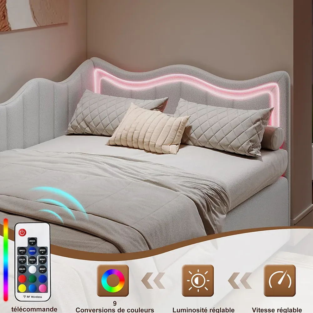 Fortuna lai Lit Capitonné 90x200cm, Canapé-lit Coffre Avec Éclairage LED Et Sommier à Lattes, Velours,blanc* Sommier