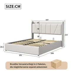 Fortuna lai Lit capitonné 160x200cm, lit coffre avec 2 USB+1 interface type-c, Rangement sous le lit,Beige* Lit Coffre
