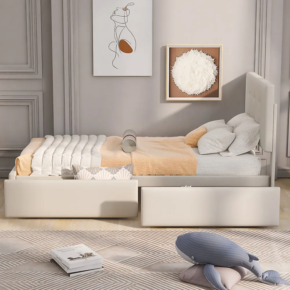 Lit capitonne 90 x 200 cm - avec 2 tiroirs, sommier à lattes et tête de lit relevable, tissu velours, style scandinave - Beige>Simple Life Discount