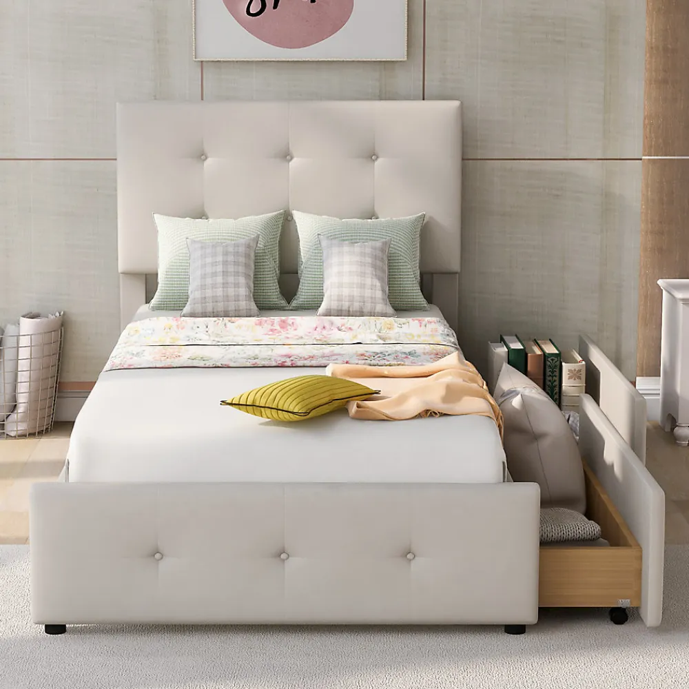 Lit capitonne 90 x 200 cm - avec 2 tiroirs, sommier à lattes et tête de lit relevable, tissu velours, style scandinave - Beige>Simple Life Discount