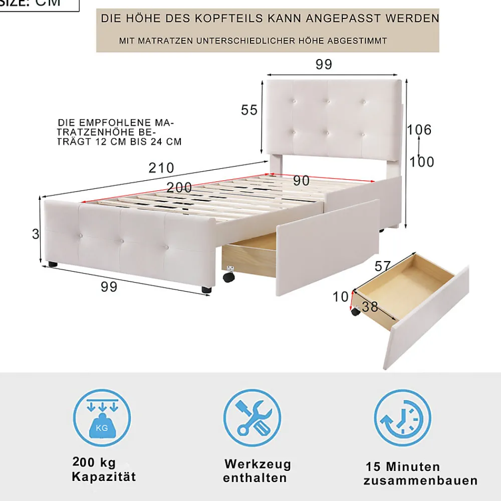 Lit capitonne 90 x 200 cm - avec 2 tiroirs, sommier à lattes et tête de lit relevable, tissu velours, style scandinave - Beige>Simple Life Discount