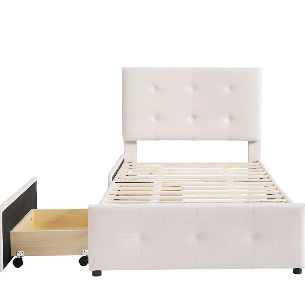 Lit capitonne 90 x 200 cm - avec 2 tiroirs, sommier à lattes et tête de lit relevable, tissu velours, style scandinave - Beige>Simple Life Discount