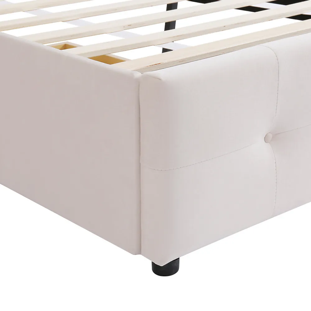 Lit capitonne 90 x 200 cm - avec 2 tiroirs, sommier à lattes et tête de lit relevable, tissu velours, style scandinave - Beige>Simple Life Discount