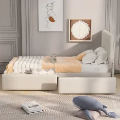 Lit capitonne 90 x 200 cm - avec 2 tiroirs, sommier à lattes et tête de lit relevable, tissu velours, style scandinave - Beige>ProximaX