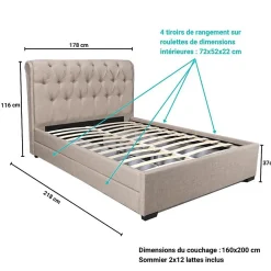 Lit CHELSEA 160x200 + 4 tiroirs + sommier / Beige><noscript><img width=