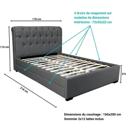 Lit CHELSEA 160x200 + 4 tiroirs + sommier / Gris foncé><noscript><img width=