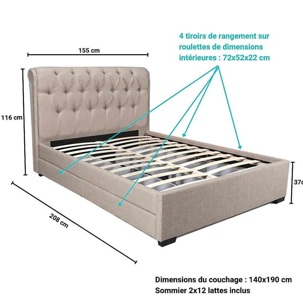 Lit CHELSEA 140x190 + 4 tiroirs + sommier / Beige>Weber Industries New