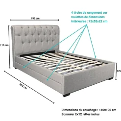 Lit CHELSEA 140x190 + 4 tiroirs + sommier / Gris clair><noscript><img width=