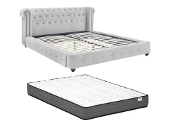 Vente-unique Lit chesterfield 160 x 200 cm - Velours - Gris clair + Matelas - TONGERLA* Lit Double