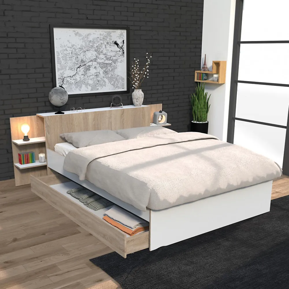 Lit CITY 140x190 + tête de lit chevet + 1 tiroir / Décor Blanc & chêne blanchi>Weber Industries New