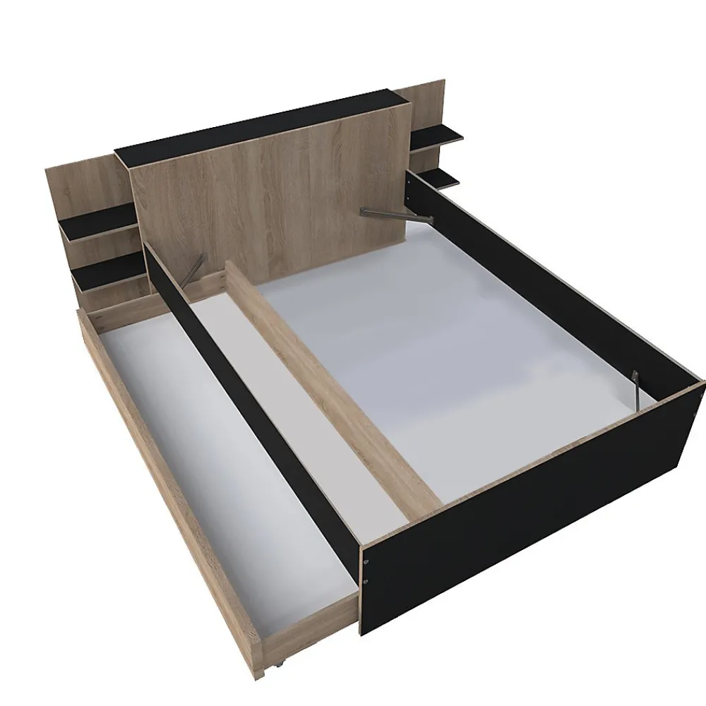 Weber Industries Lit CITY 140x190 + tête de lit chevet+ 1 tiroir / Décor Noir & chêne blanchi* Lit Double