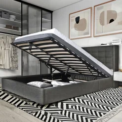 Lit coffre 2 places 160x200cm tissu Gris foncé avec sommier WALLE><noscript><img width=