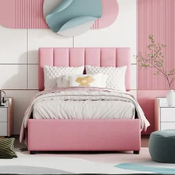 Redom Lit coffre 90 sur 200 cm avec sommier hydraulique tête de lit en lin doux rose pour adultes ou adolescents* Lit Avec Rangement