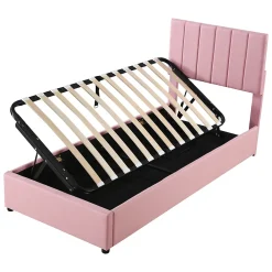 Redom Lit coffre 90 sur 200 cm avec sommier hydraulique tête de lit en lin doux rose pour adultes ou adolescents* Lit Avec Rangement