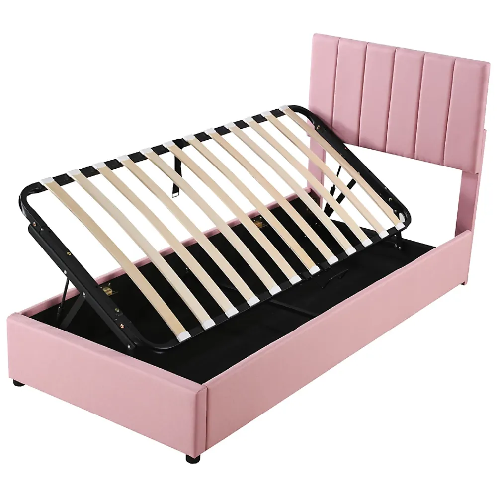 Redom Lit coffre 90 sur 200 cm avec sommier hydraulique tête de lit en lin doux rose pour adultes ou adolescents* Lit Avec Rangement