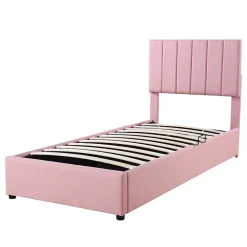Redom Lit coffre 90 sur 200 cm avec sommier hydraulique tête de lit en lin doux rose pour adultes ou adolescents* Lit Avec Rangement