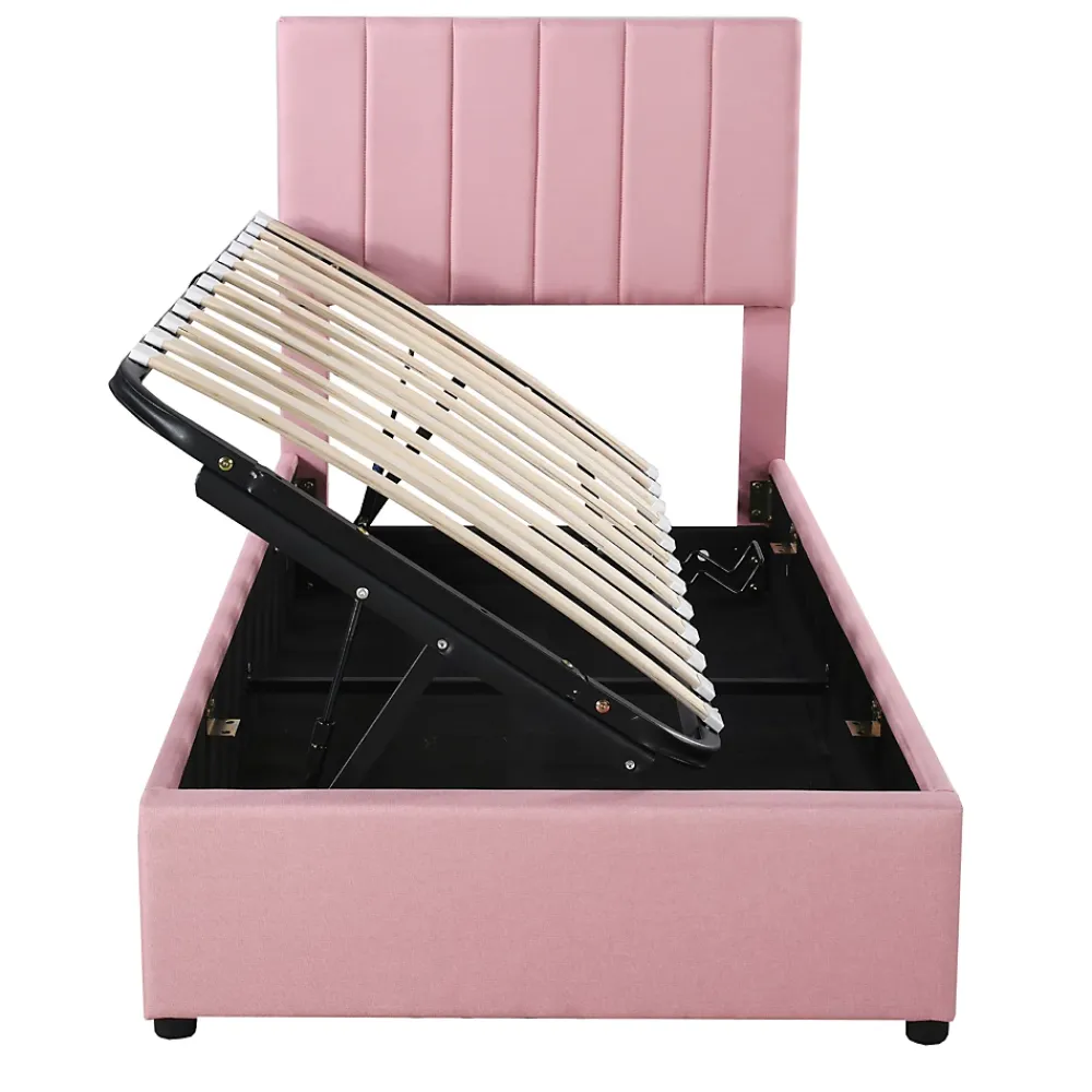 Redom Lit coffre 90 sur 200 cm avec sommier hydraulique tête de lit en lin doux rose pour adultes ou adolescents* Lit Avec Rangement
