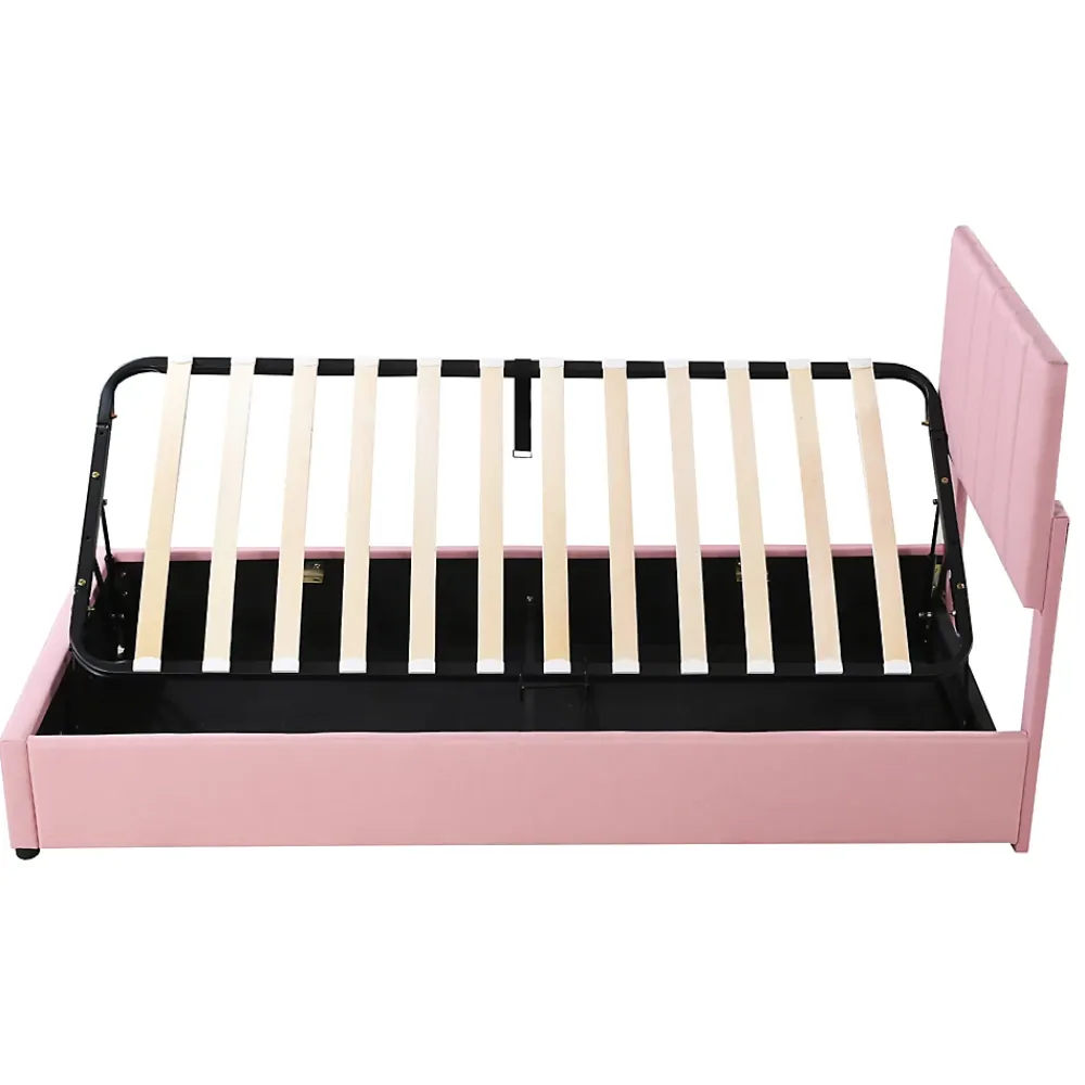 Redom Lit coffre 90 sur 200 cm avec sommier hydraulique tête de lit en lin doux rose pour adultes ou adolescents* Lit Avec Rangement
