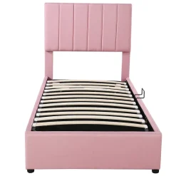Redom Lit coffre 90 sur 200 cm avec sommier hydraulique tête de lit en lin doux rose pour adultes ou adolescents* Lit Avec Rangement