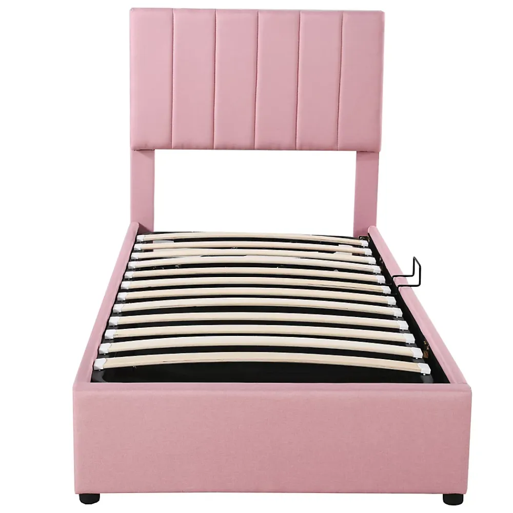 Redom Lit coffre 90 sur 200 cm avec sommier hydraulique tête de lit en lin doux rose pour adultes ou adolescents* Lit Avec Rangement