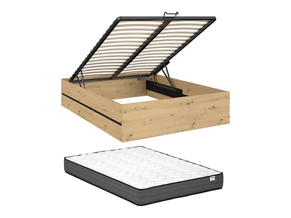 Lit coffre 140 x 190 cm - Coloris : Naturel et noir + Matelas - LUDARO>Vente-unique Hot