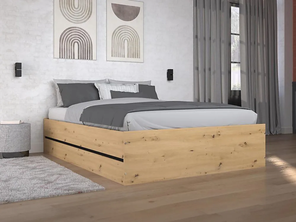 Lit coffre 140 x 190 cm - Coloris : Naturel et noir + Matelas - LUDARO>Vente-unique Hot