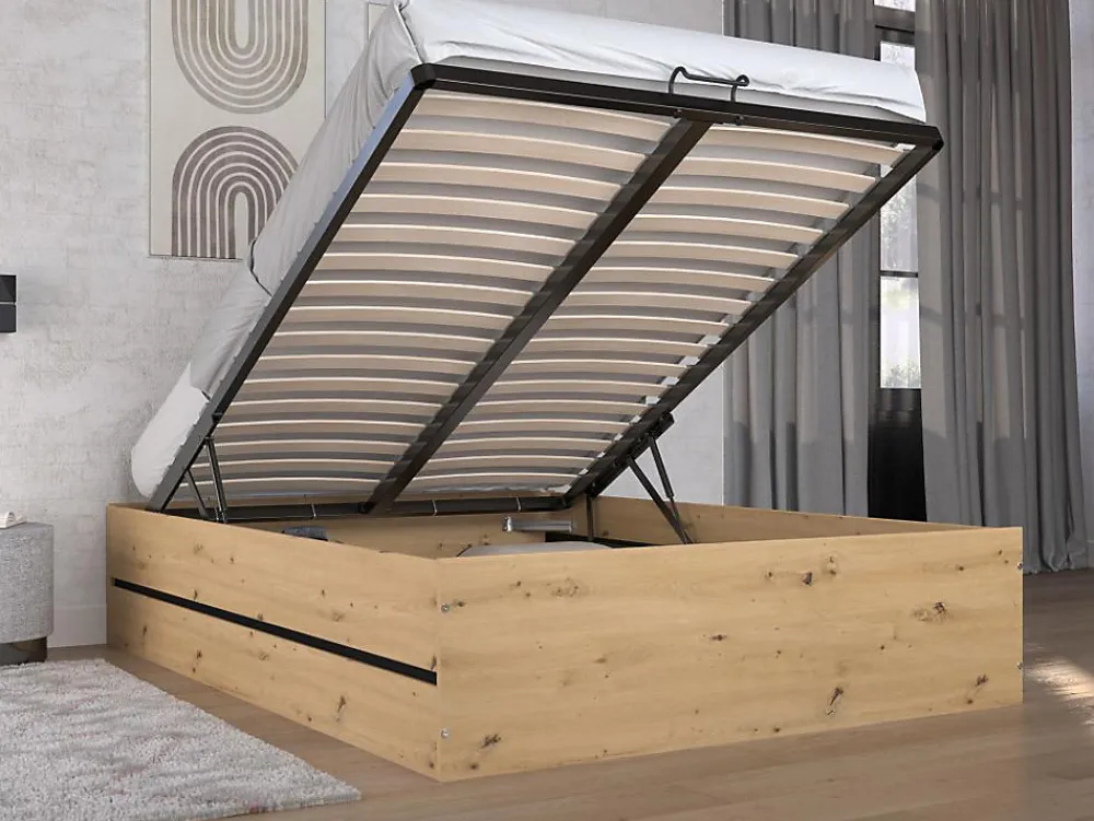 Lit coffre 140 x 190 cm - Coloris : Naturel et noir + Matelas - LUDARO>Vente-unique Hot
