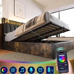 Okwish Lit coffre 140 x 200 cm - Lit adulte avec Tête de Lit LED + USB - Lin + Métal - Sans Matelas - Gris* Lit Coffre