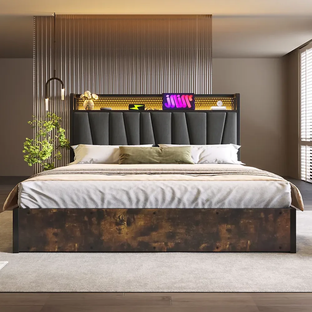 Okwish Lit coffre 180 x 200 cm - Lit adulte avec Tête de Lit LED + USB - Lin + Métal - Sans Matelas - Gris* Lit Coffre