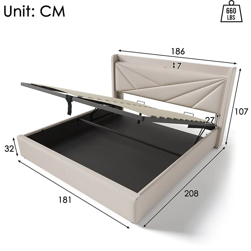 Lit coffre 180 x 200 cm - Lit double capitonné avec USB Type C - Coton et métal - Sans Matelas - Beige>Okwish Clearance
