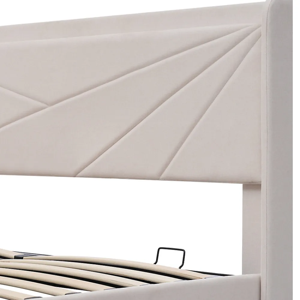 Lit coffre 180 x 200 cm - Lit double capitonné avec USB Type C - Coton et métal - Sans Matelas - Beige>Okwish Clearance
